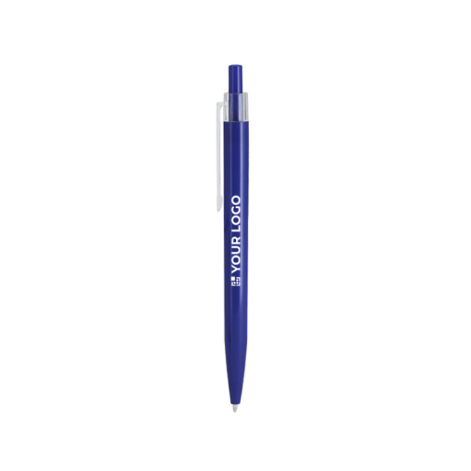 Caneta de pressão em plástico com clipe transparente e tinta azul