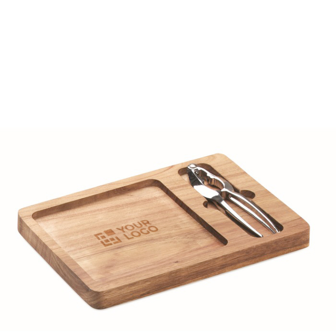 Conjunto de quebra-nozes e prato em madeira de acácia para oferta