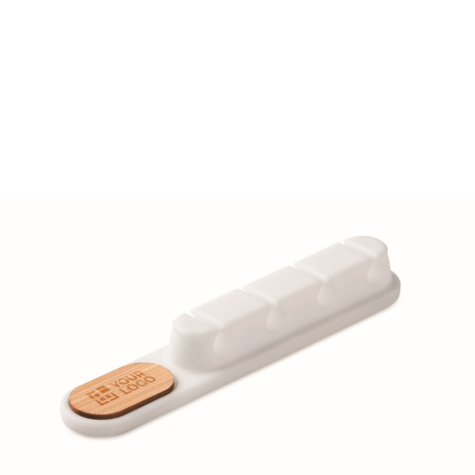 Organizador de cabos de silicone com detalhe de bambu