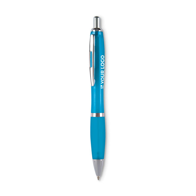 Caneta em plástico ABS com botão de pressão e toque suave, tinta azul