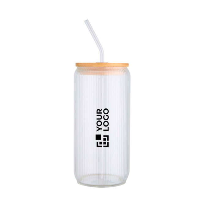 Copo de vidro borossilicato com tampa de bambu e palhinha 500 ml