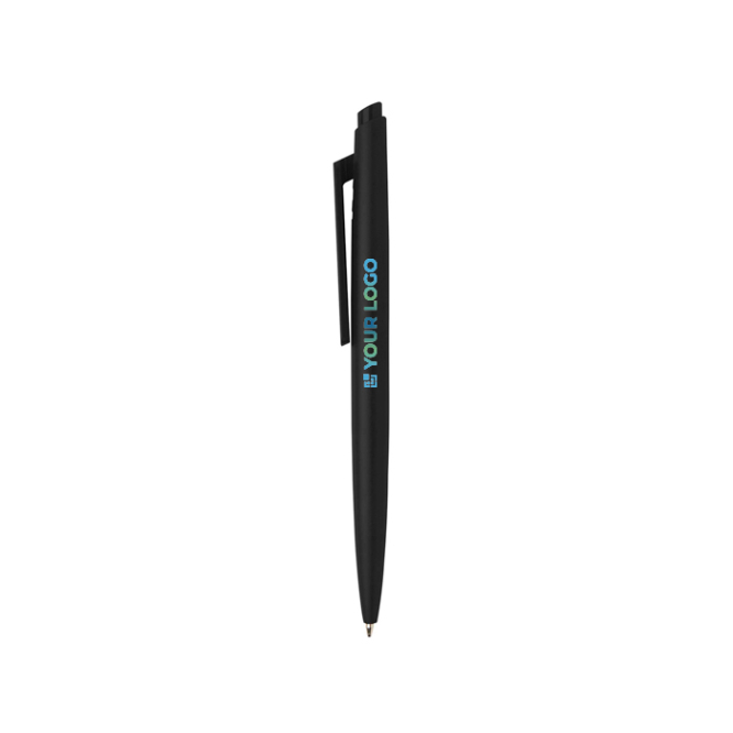 Caneta de plástico reciclado com design minimalista, tinta preta