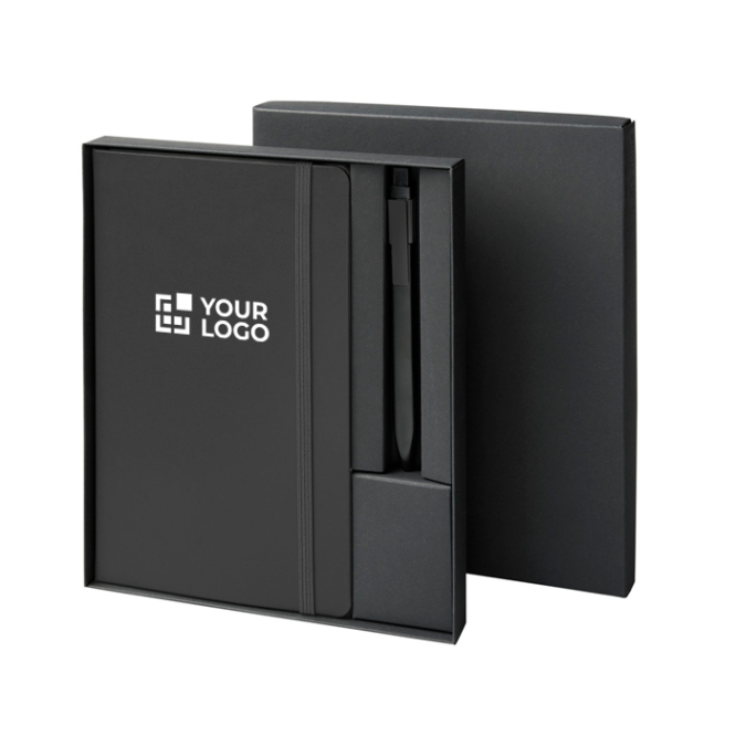 Conjunto de oferta com caderno de capa dura e caneta de tinta preta