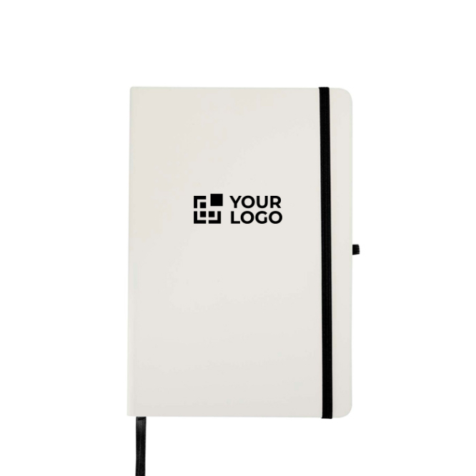 Caderno A5 capa dura com fecho elástico e toque suave, folhas pautadas