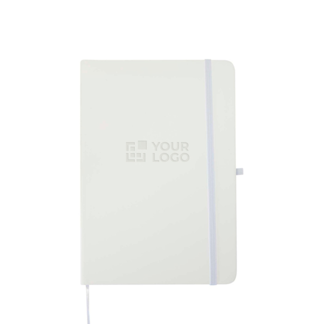 Caderno A5 com capa rígida em pele sintética e folhas pautadas