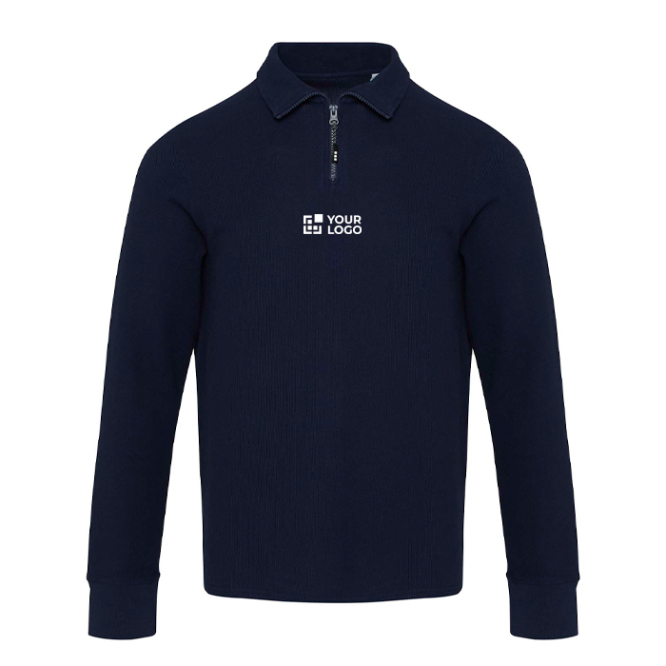 Polo de algodão unissexo manga comprida, zíper médio 245 g/m2 Elevate