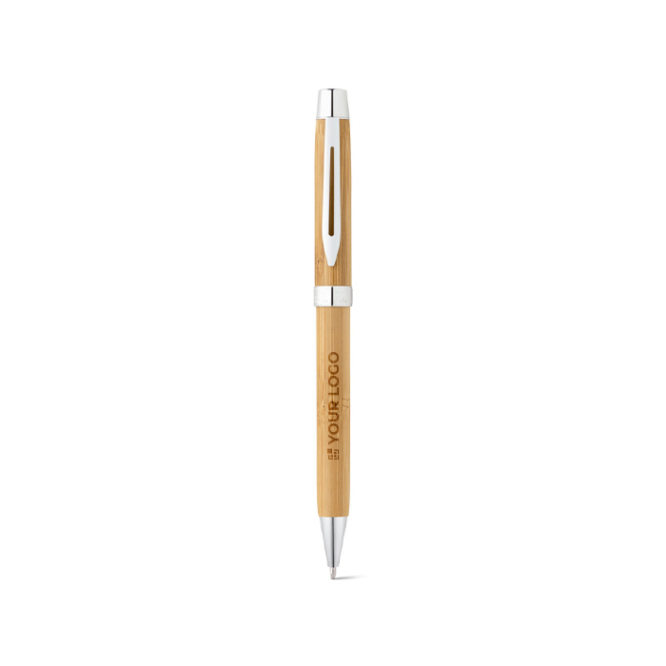 Caneta de bambu natural com clip metálico e tinta azul