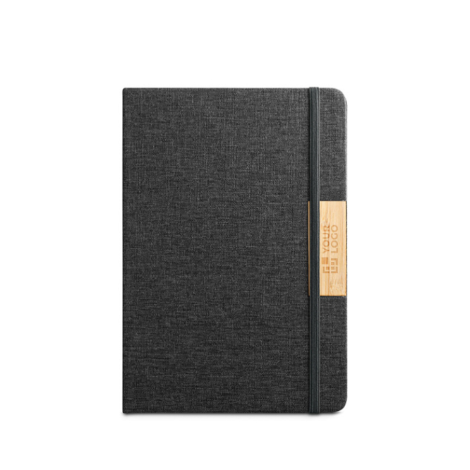 Caderno A5 com capa dura de bambu e RPET com fecho, folhas pautadas
