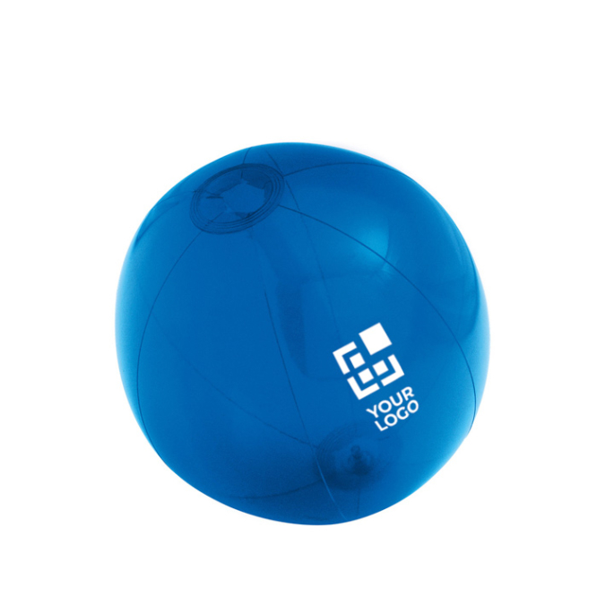 Bola insuflável transparente em PVC cor azul com logótipo impresso a 1 cor, ideal para merchandising de praia e verão