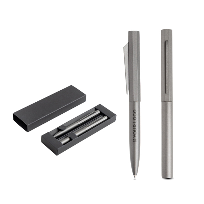 Conjunto de caneta e roller de alumínio, design hexagonal, tinta preta