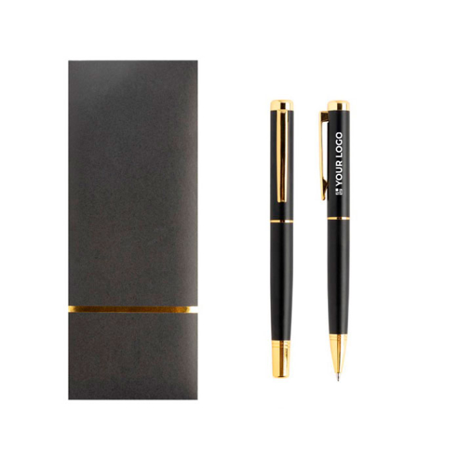 Conjunto de esferográfica e roller de metal elegante, tinta azul vista principal