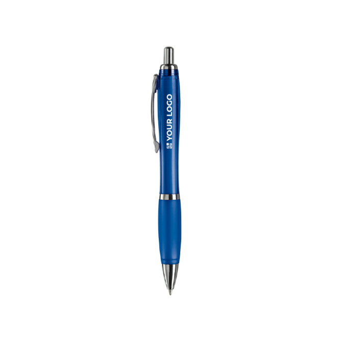 Caneta de plástico transparente com detalhes metálicos e tinta azul