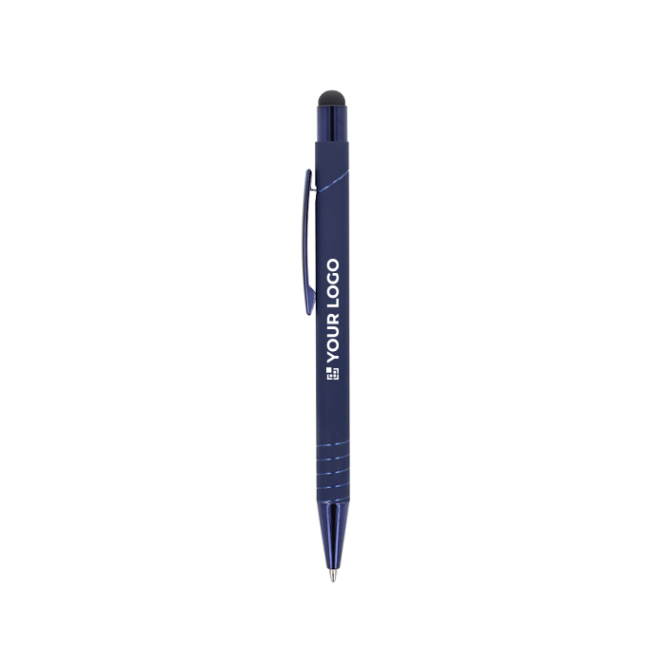 Caneta com ponteira ótica e clipe metálico, tinta azul