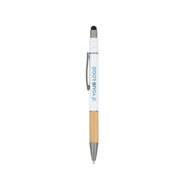 Caneta com detalhe de bambu e um spinner anti-stress, tinta azul