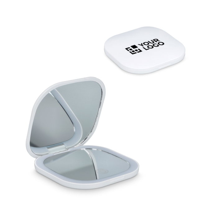 Espelho compacto com luz recarregável e ampliação 2x ideal para viagem