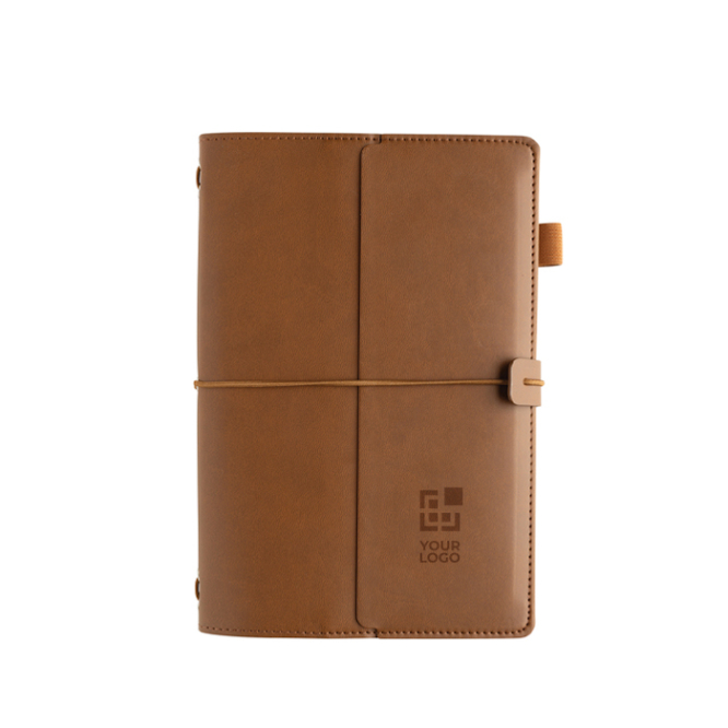 Caderno A5 recarregável em PU com bolsos e fecho elástico pautado