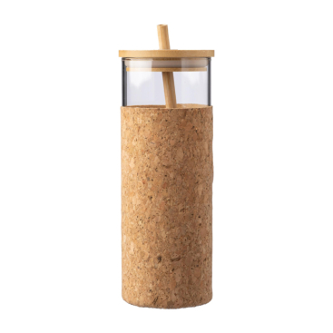 Copo de 450 ml de vidro, base de cortiça, tampa e palhinha de bambu