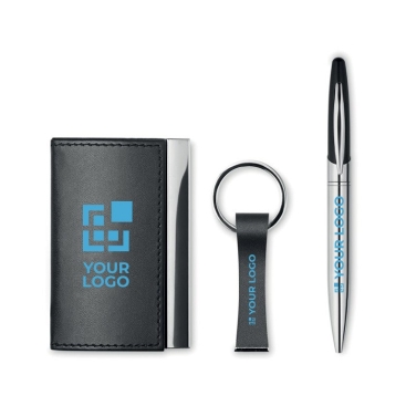 Set Porta-cartões metálico, porta-chaves e caneta tinta azul Business