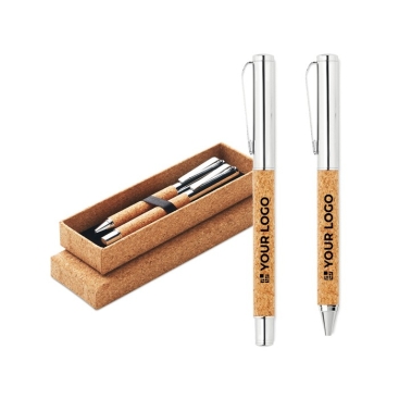 Set de caneta e roller com corpo de cortiça cor madeira