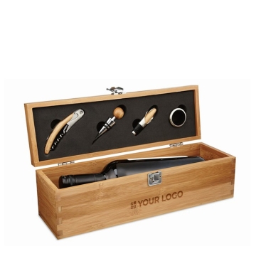 Set de vinho personalizado em caixa de bambu cor madeira
