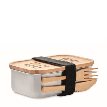 Tupperware de aço com tampa bambu e talheres vista principal