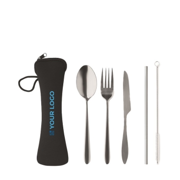 Conjunto de talheres reutilizáveis com logo cor preto