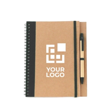 Caderno e caneta em cartão reciclado com logo cor amarelo