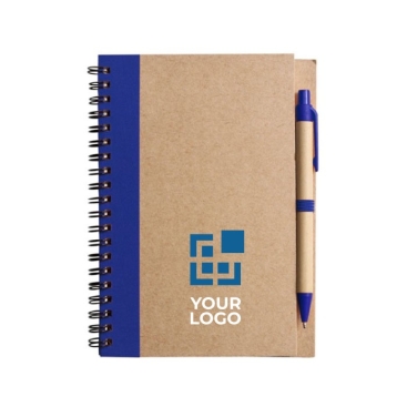 Bloco de notas com capa e caneta reciclados cor azul real primeira vista