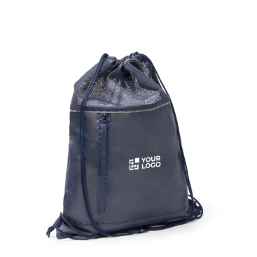 Mochila com cordões ajustáveis com bolso e faixa refletora