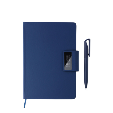 Caderno de PU reciclado com folhas pautadas A5 e caneta tinta azul