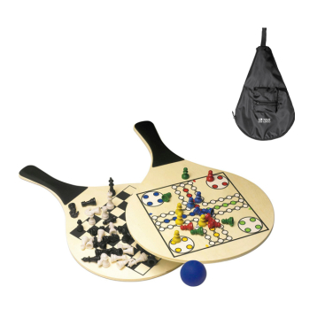 Conjunto de 2 raquetes de madeira e bola com jogos nas raquetes
