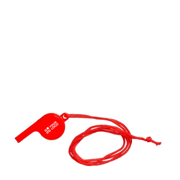 Clássico apito de plástico para pendurar, com cordão a condizer