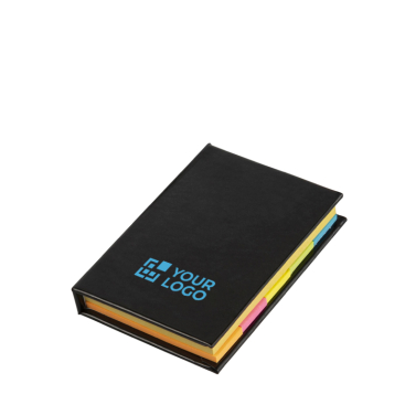 Notas adesivas de capa dura com papéis de vários tamanhos e cores