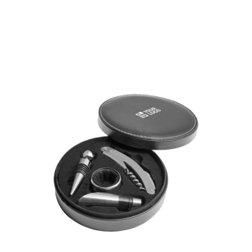 Conjunto de vinho em estojo circular, 4 acessórios de aço inoxidável