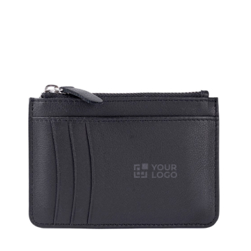 Porta-moedas e cartões de couro preto com fecho de correr no meio