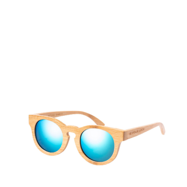 Óculos de bambu com lentes espelhadas em saco com fecho de cordão