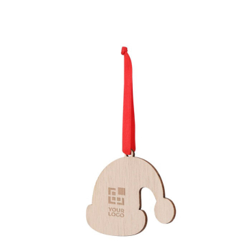 Enfeite com design de gorro de Natal feito de madeira e fita vermelha