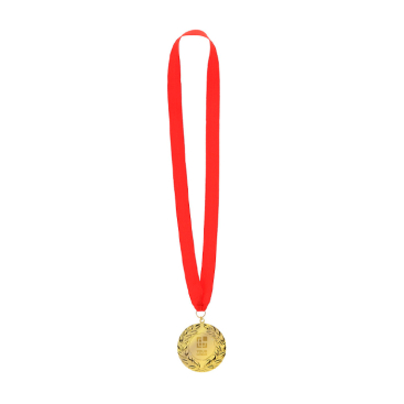 Clássica medalha de vencedor com acabamento dourado e fita vermelha