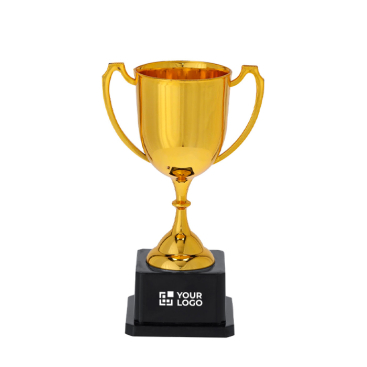 Típico troféu de cor dourada com 2 asas nas laterais e base preta
