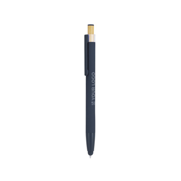 Caneta ponteira de alumínio com botão de bambu, tinta azul