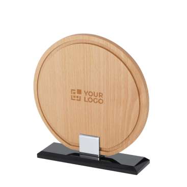 Placa troféu redonda de madeira com base de vidro preto