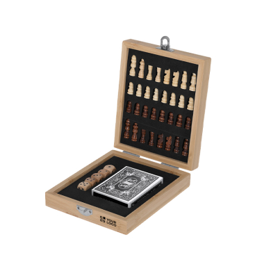 Conjunto de jogos de bambu com tabuleiro de xadrez e estojo