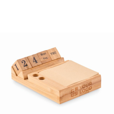 Calendário de bambu para o escritório com suporte para telemóvel