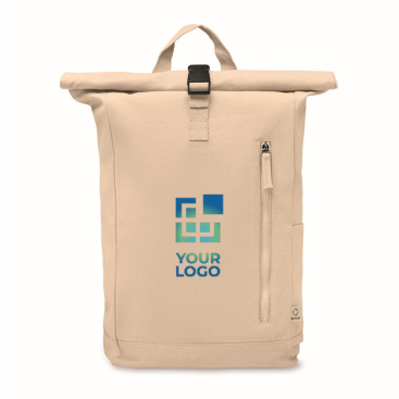 Mochila de fecho roll-top, algodão reciclado, fecho de correr frontal