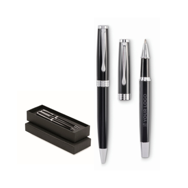 Conjunto de caneta de tinta azul e roller de tinta preta em estojo
