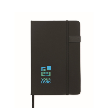 Caderno preto de capa dura e pen USB incluída, folhas A5 pautadas