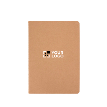 Caderno de papel kraft com lombada cosida visível, folhas A5 pautadas