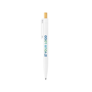 Caneta de plástico reciclado com botão de bambu, tinta azul