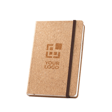 Caderno com capa de cortiça com fita e porta-lápis, folhas A5 lisas