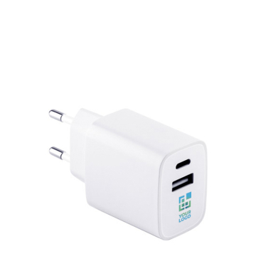 Adaptador de corrente de plástico reciclado com duas portas USB